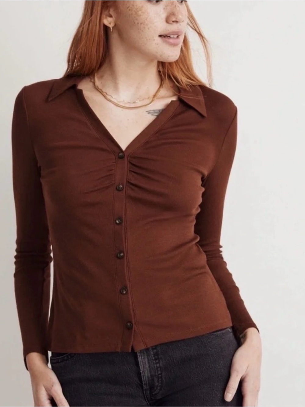 Madewell Ruched Polo Cardigan in Soft Mahogany
